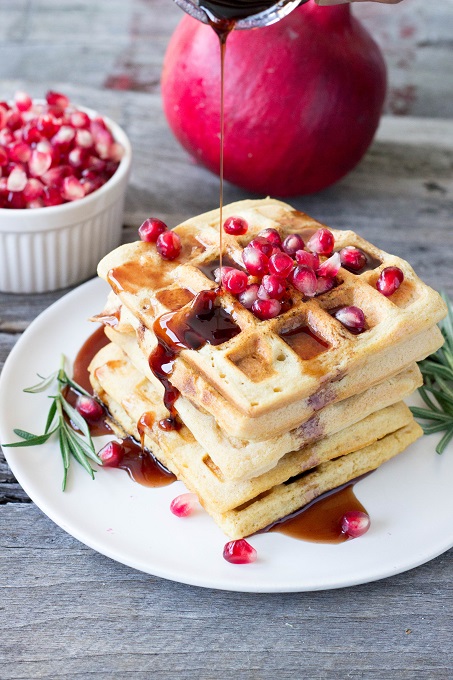 Red Lentil Waffles with Rosemary Pomegranate Syrup - Eat Thrive Glow