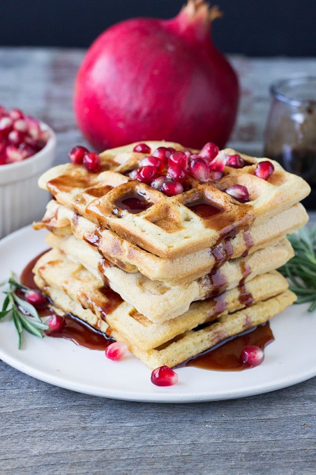 Red Lentil Waffles with Rosemary Pomegranate Syrup - Eat Thrive Glow