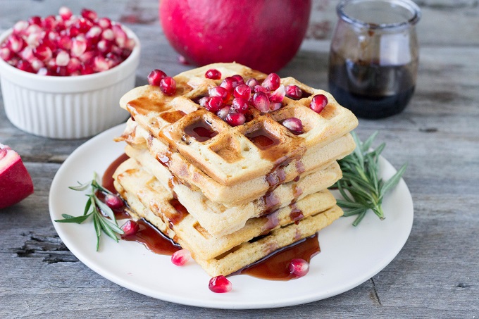 Red Lentil Waffles with Rosemary Pomegranate Syrup - Eat Thrive Glow