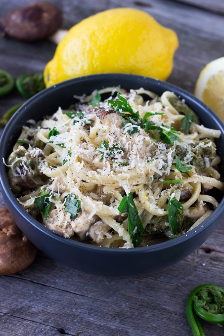 Lemony Fiddlehead and Mushroom Linguine - Eat Thrive Glow