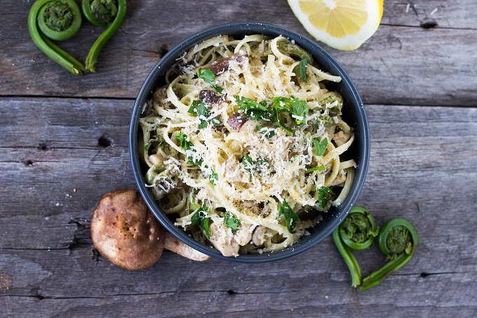 Lemony Fiddlehead and Mushroom Linguine - Eat Thrive Glow