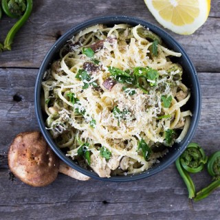 Lemony Fiddlehead Mushroom Linguine - Eat Thrive Glow