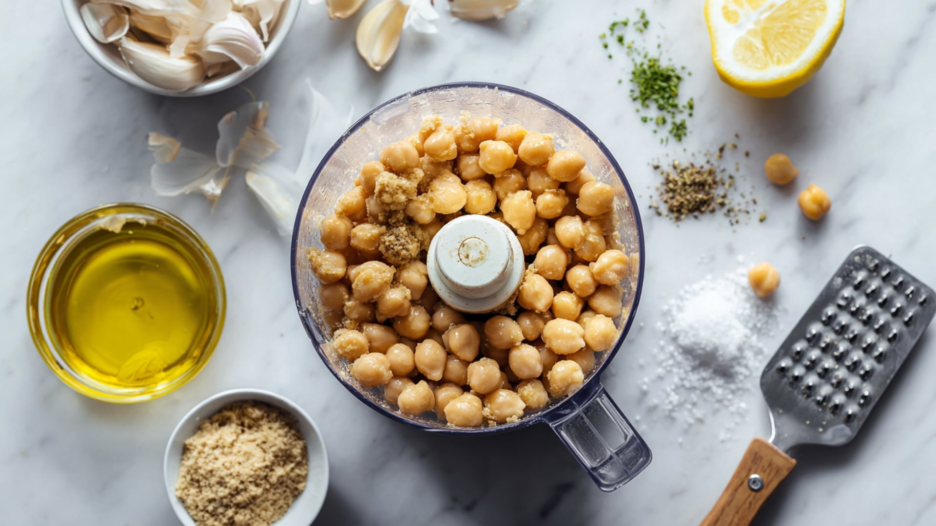 Chickpeas-And-Tahini-Blending-In-Food-Processor-For-Hummus