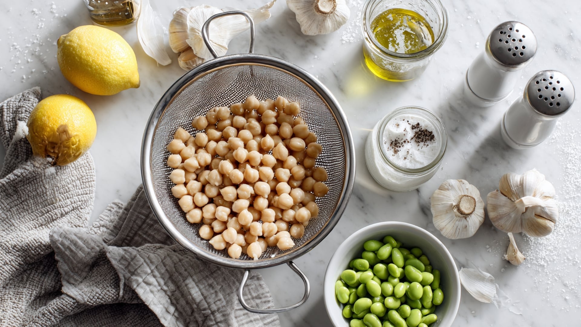 Chickpeas-Tahini-Greek-Yogurt-And-Garlic-On-Kitchen-Counter