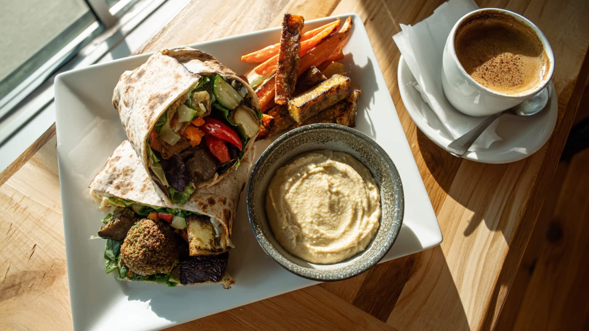 Falafel-Wrap-With-Bowl-Of-High-Protein-Hummus-And-Veggie-Sticks