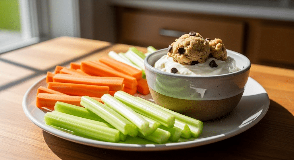 Greek-Yogurt-Cookie-Dough-Beside-Veggie-Sticks