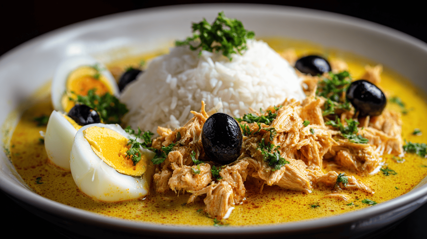 Aji De Gallina Creamy Chicken Stew With Rice Eggs Olives