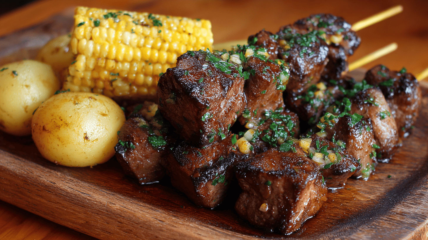 Anticuchos De Corazon Beef Heart Skewers With Potatoes Corn