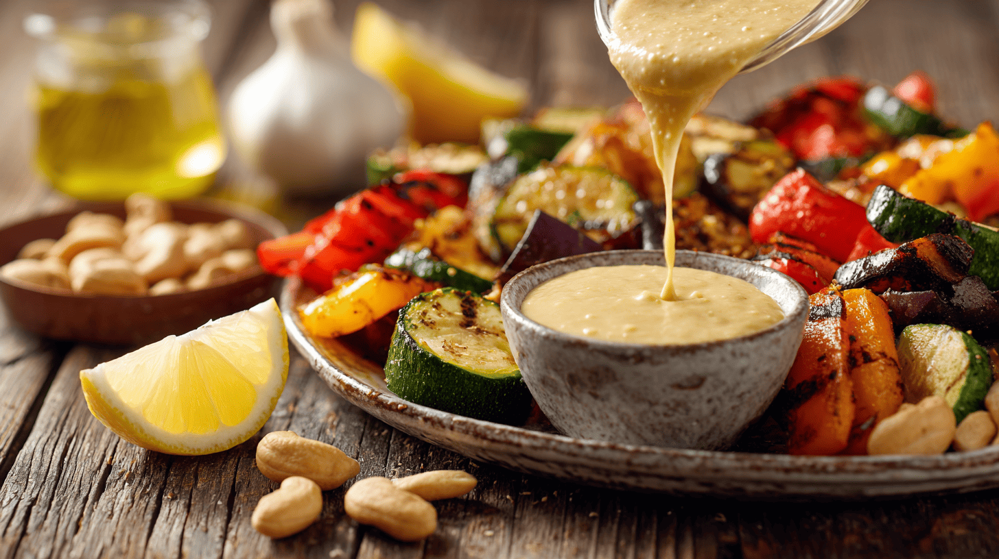 Cashew Garlic Cheese Drizzle Over Grilled Veggies