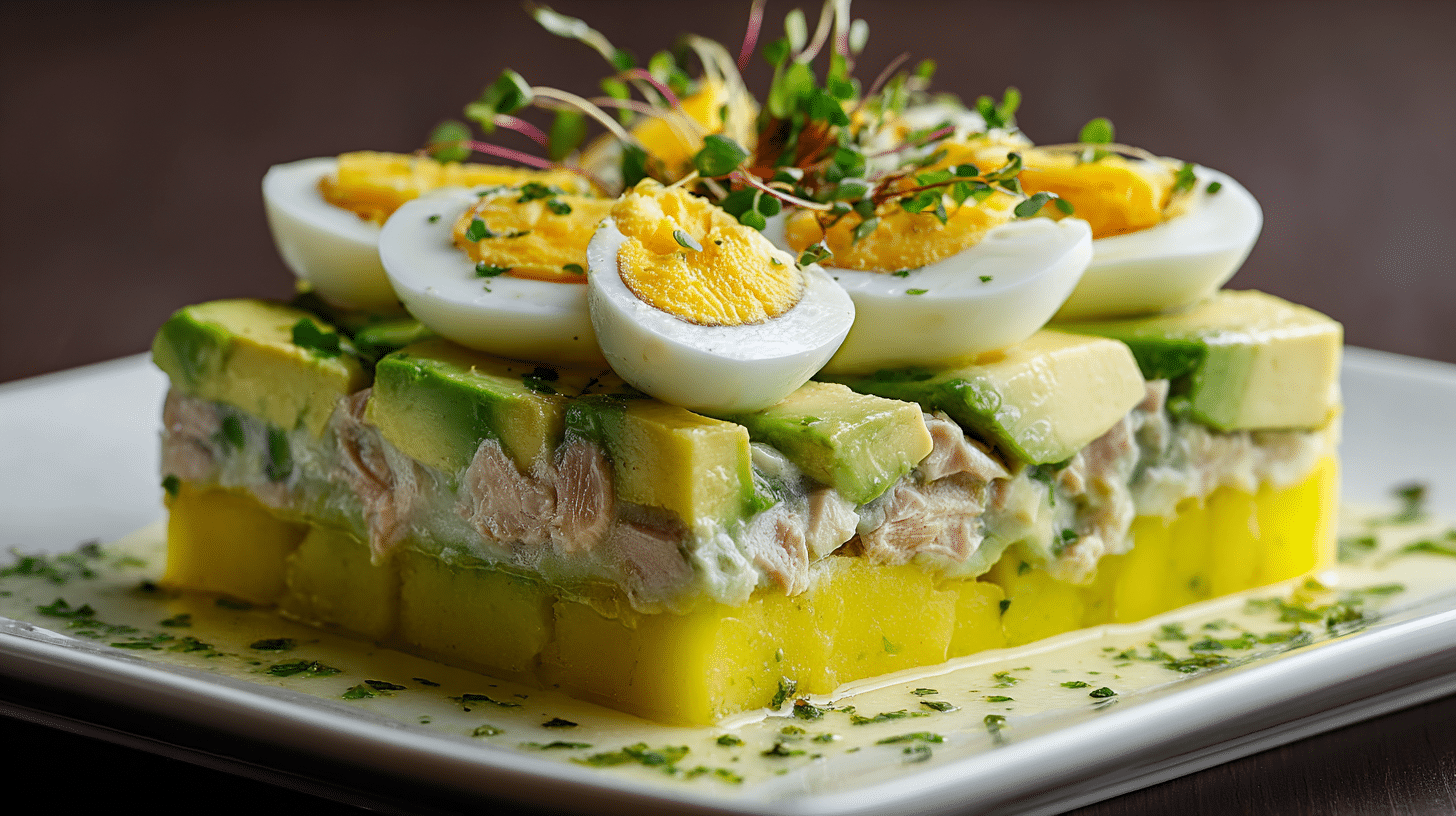 Causa Limena Layered Potato Dish With Tuna Chicken Eggs Avocado