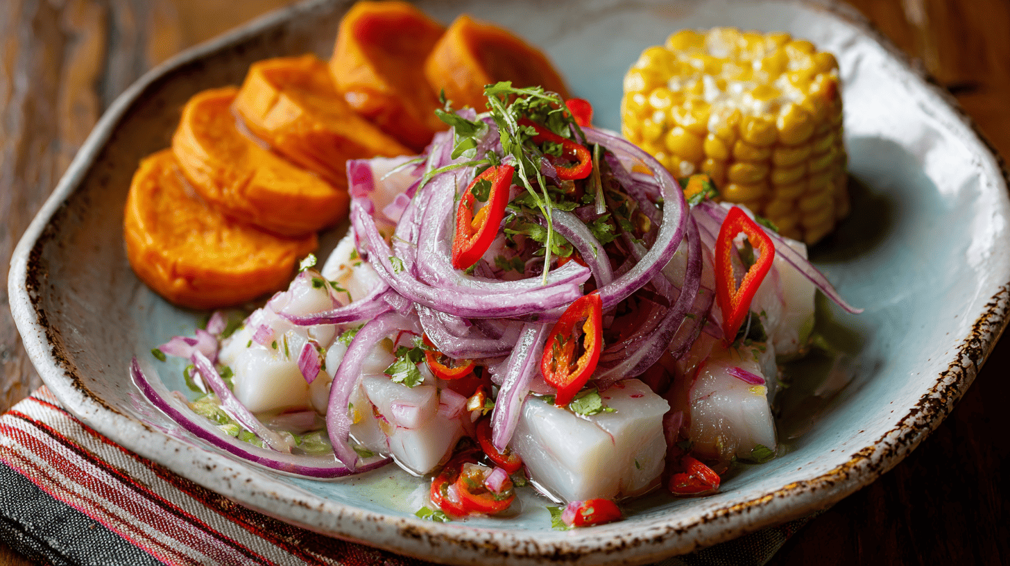 Ceviche Peruano Traditional Peruvian Ceviche With Sweet Potato Corn