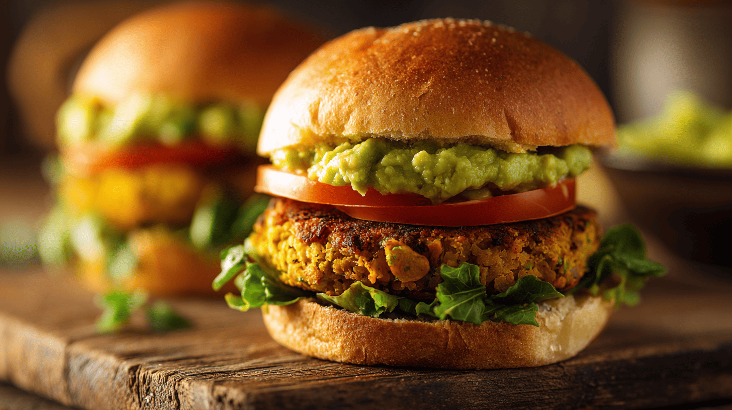 Chickpea And Lentil Veggie Burger With Avocado Smash