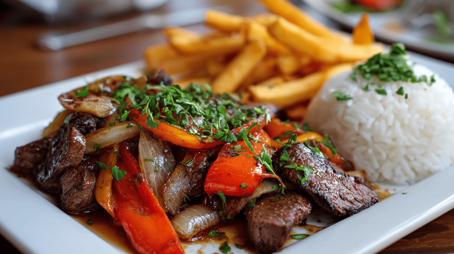 Lomo Saltado Stir Fried Beef With Onions Tomatoes And Fries