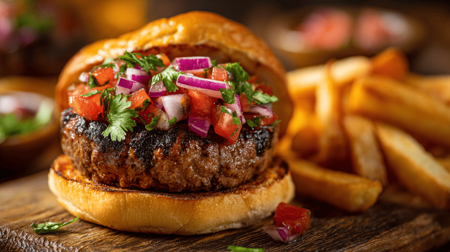 Peruvian Spiced Burger With Salsa Criolla On Toasted Bun