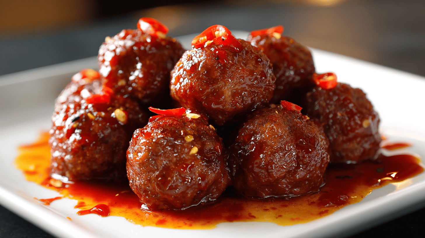 Spicy BBQ Meatballs With Sriracha And Chili Flakes