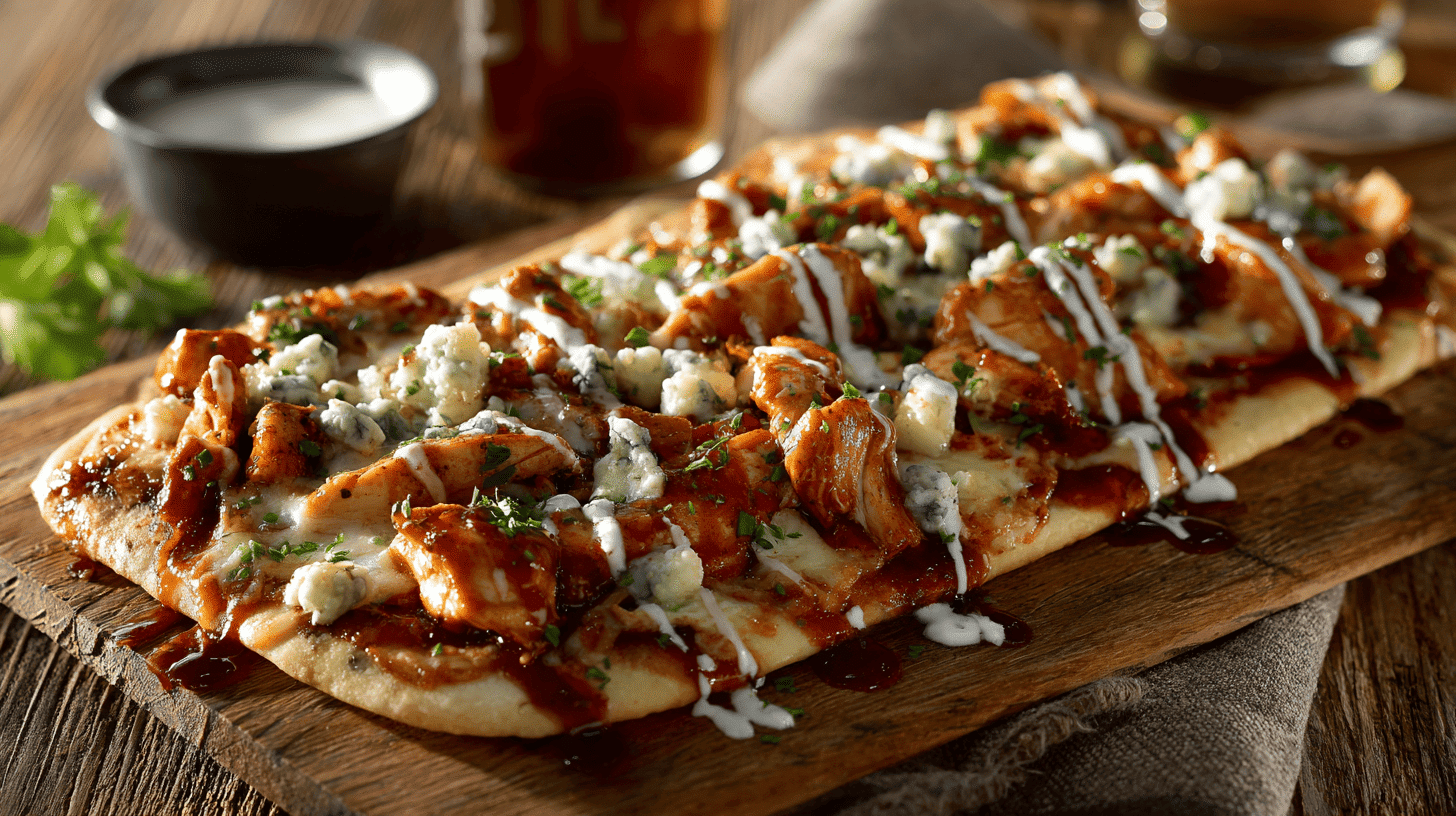 Spicy Buffalo Style BBQ Chicken Flatbread With Blue Cheese And Ranch