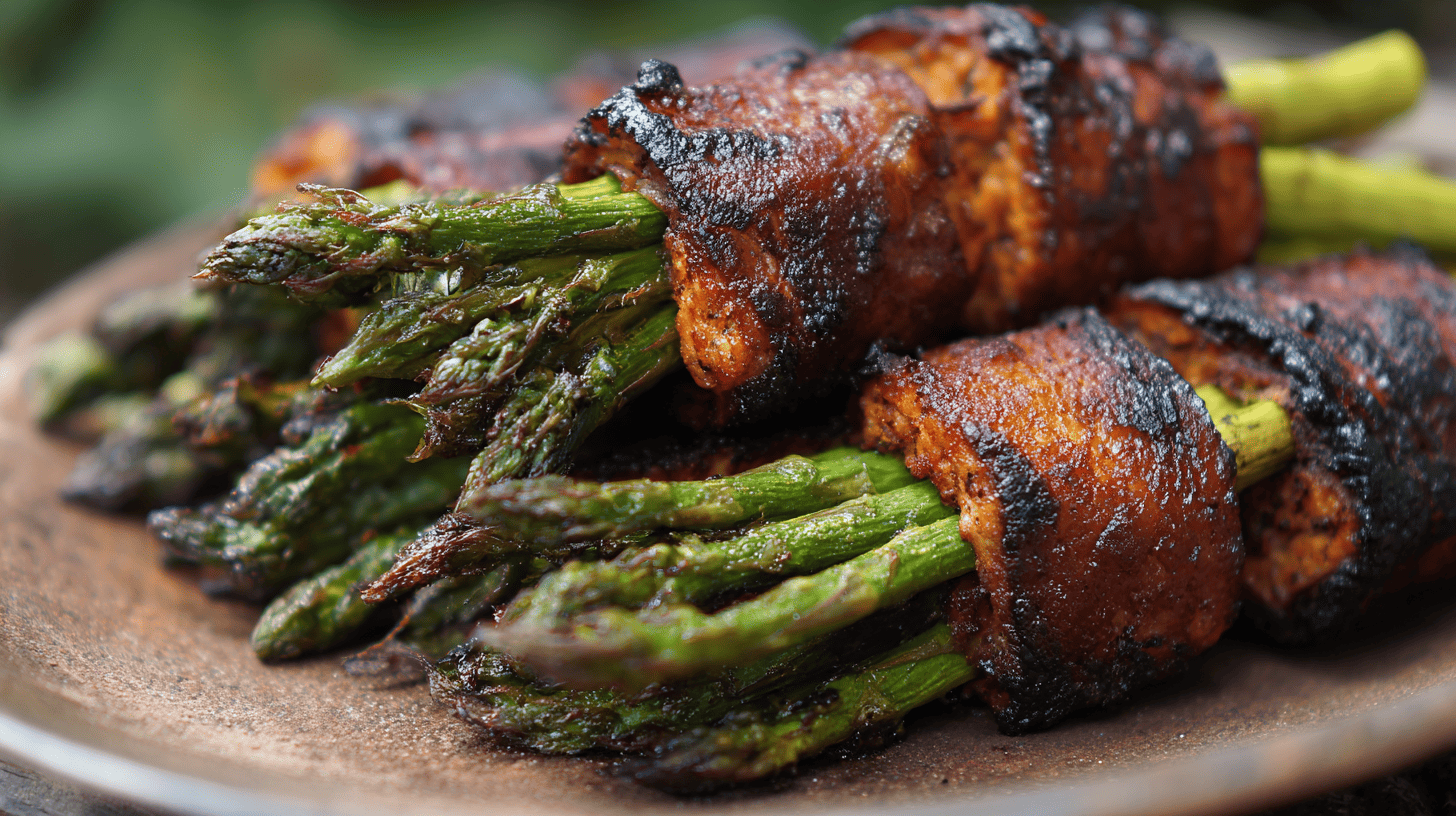 Tempeh Bacon Wrapped Asparagus Grilled Bundles