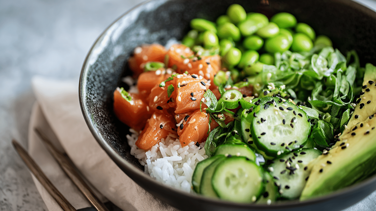 salmon rice bowl avocado