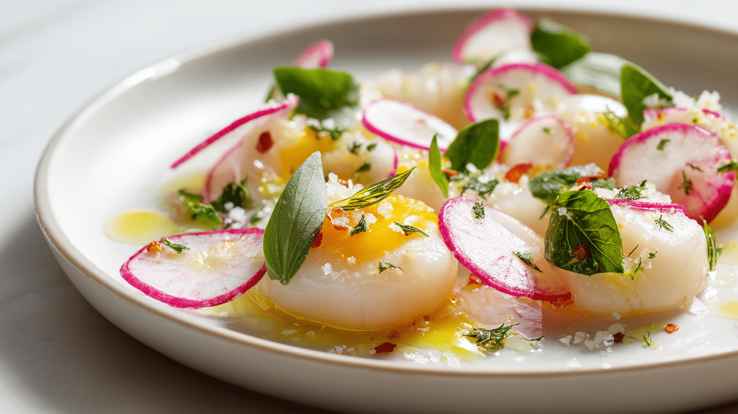 u5521116737_Realistic_close up_of_scallop_crudo_garnished_wit_b60283ad 7c1f 4af8 ba54 5af0db16b68c_0