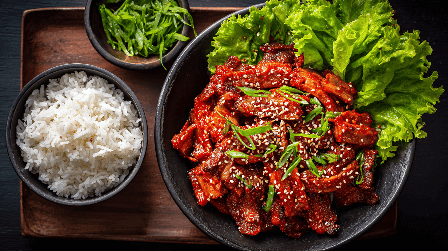 Spicy Beef Belly Bulgogi With Rice And Lettuce Wraps