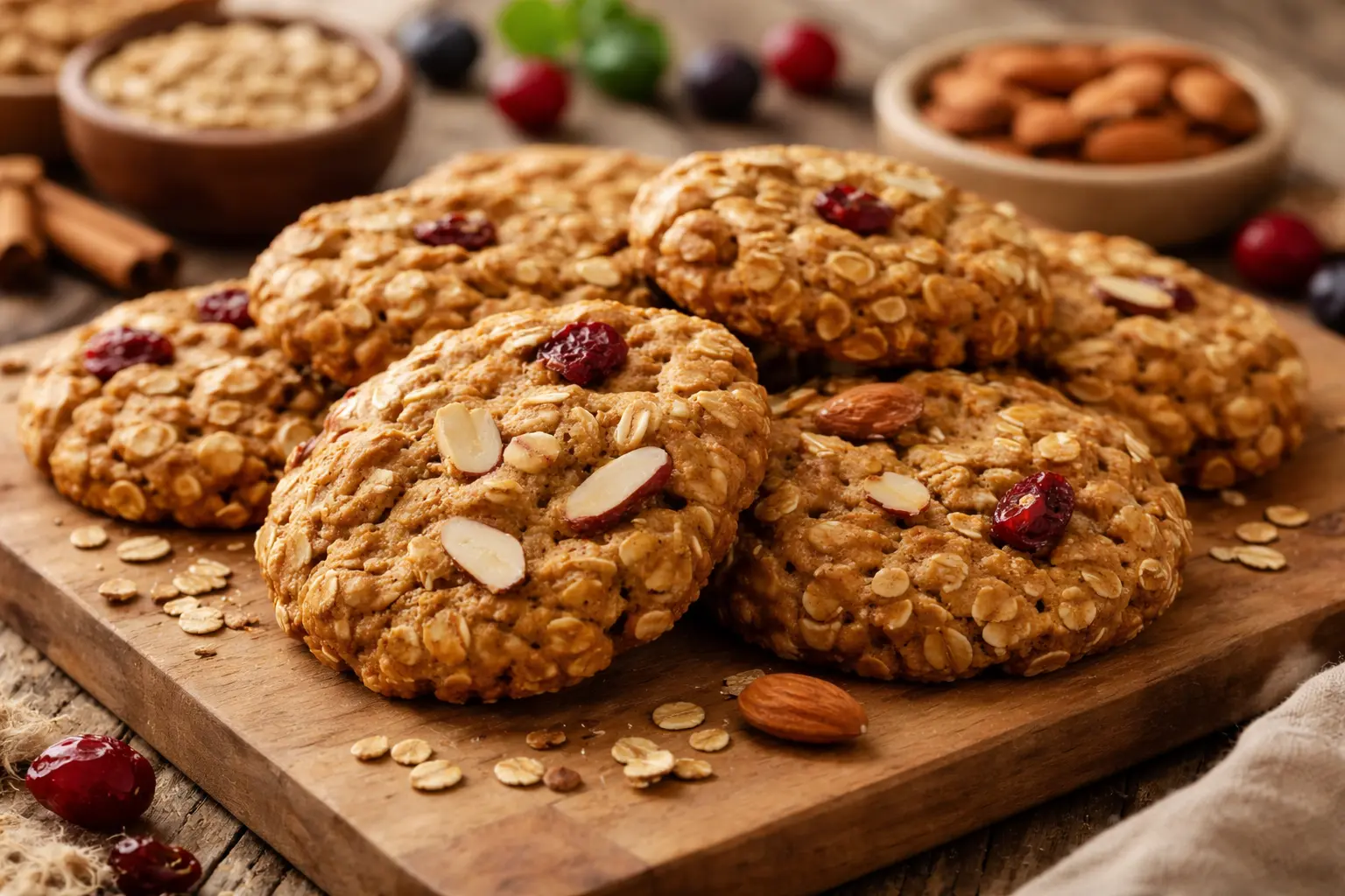 A close-up of golden-brown vegan oatmeal cookies with almonds, cranberries, and oats