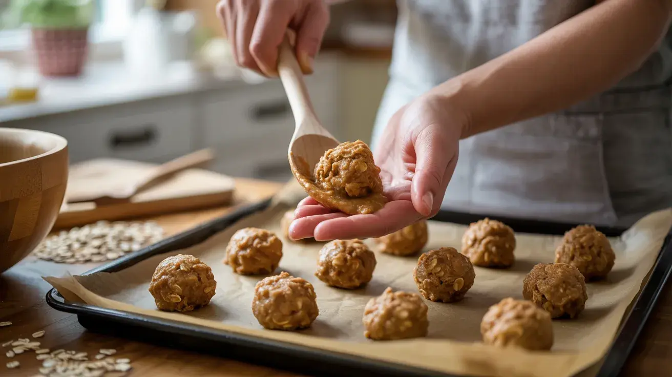 A person placing rolled vegan oatmeal cookie dough balls with a wooden spoon