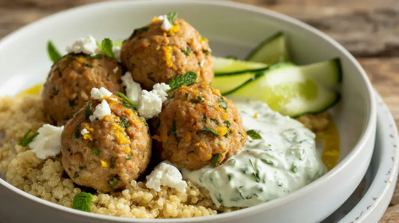 A plate of Mediterranean turkey meatballs served over quinoa with cucumber slices