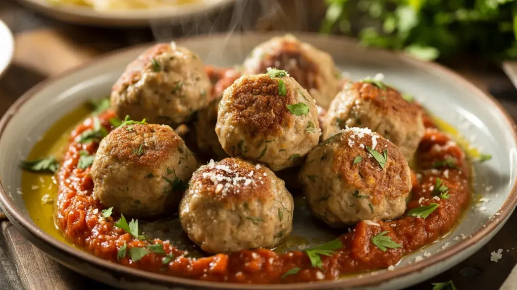 A plate of golden-brown turkey meatballs garnished with fresh parsley, served with a rich tomato sauce