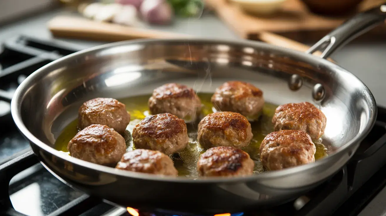 A skillet on the stove with turkey meatballs sizzling in olive oil, with steam rising from the pan