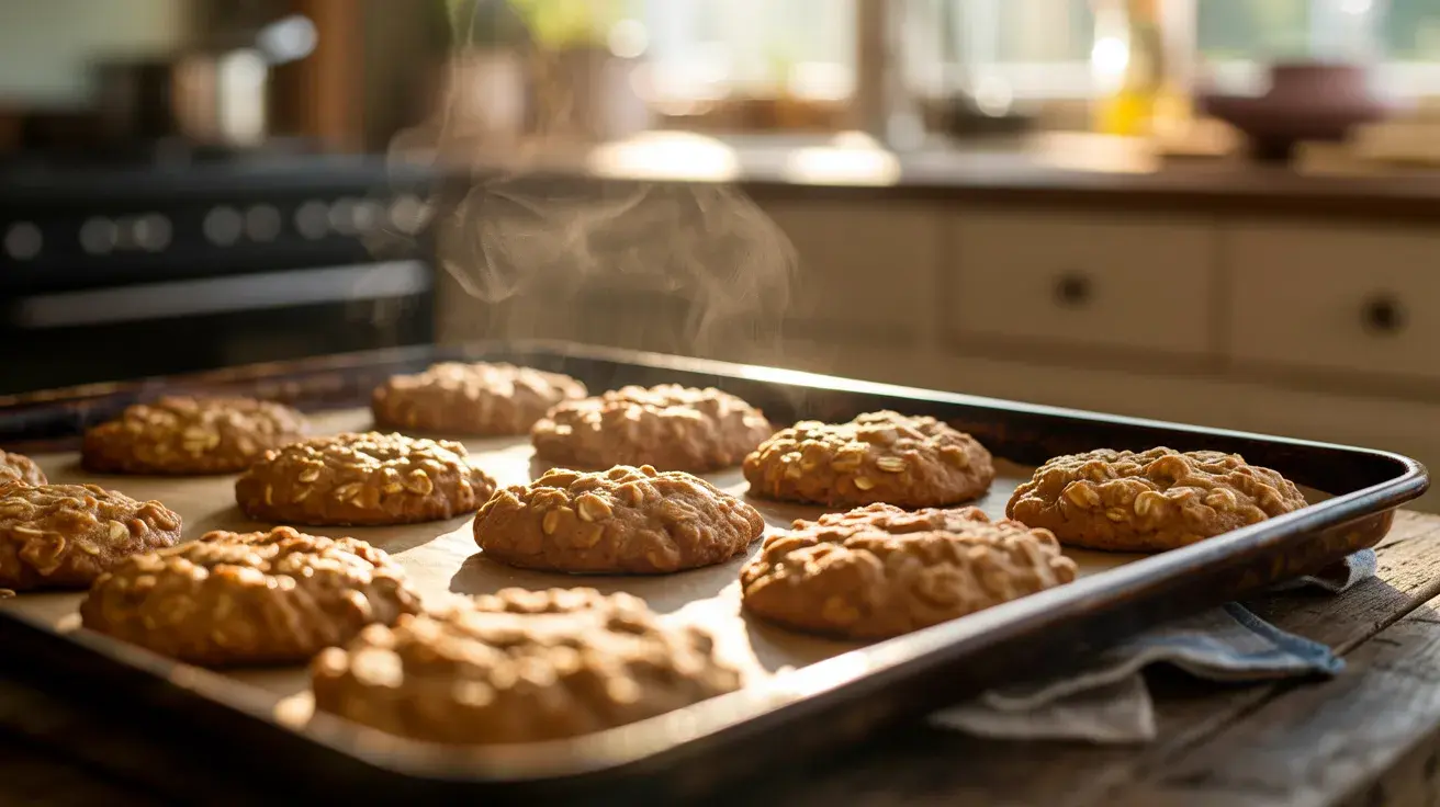 A tray of freshly baked oatmeal cookies with golden edges, still warm and releasing steam
