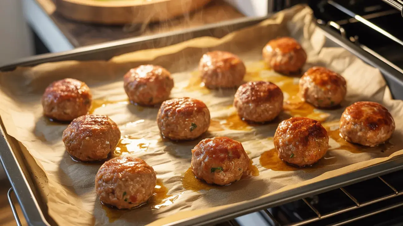 A tray of turkey meatballs baking in the oven, with golden-brown tops and steam rising