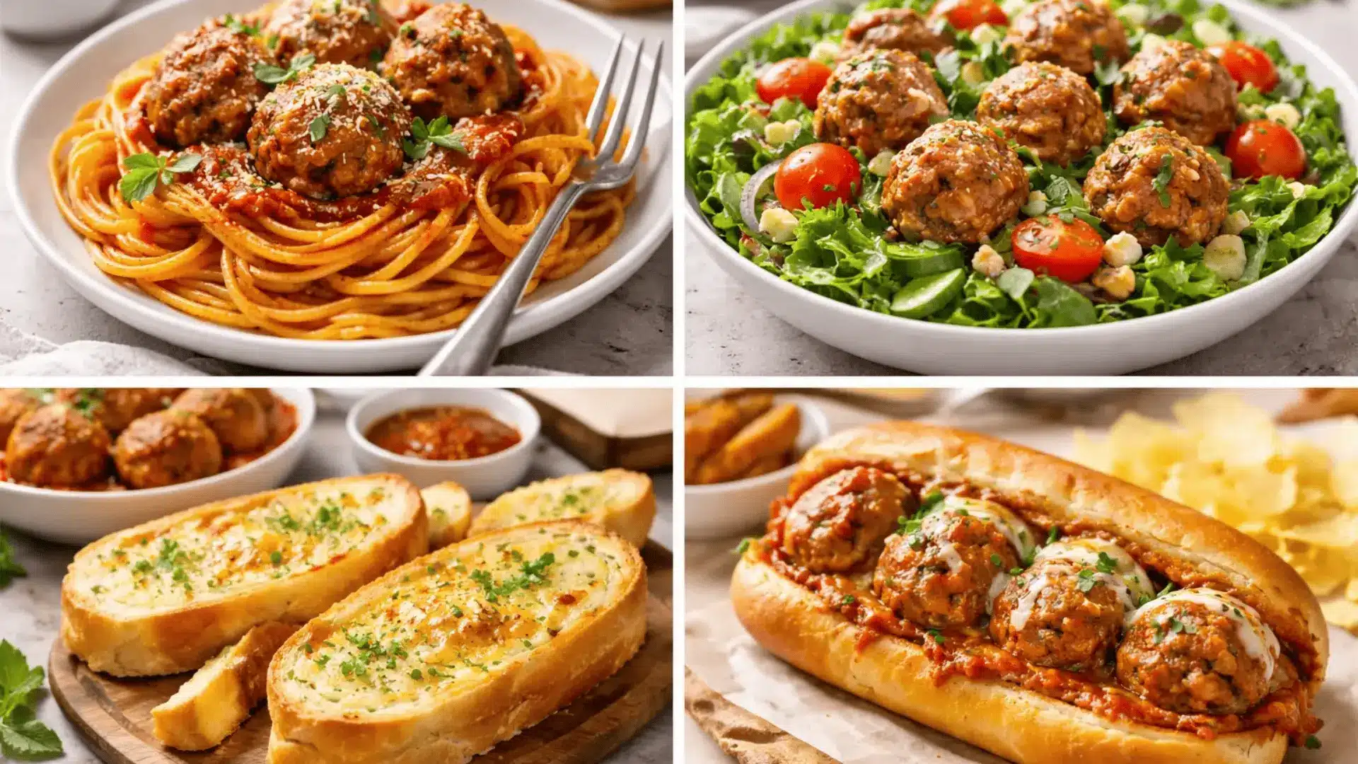 A variety of dishes featuring turkey meatballs, including spaghetti, salad, garlic bread, and a sub
