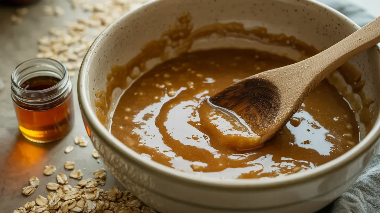 A wooden spoon stirring a smooth, glossy mixture of wet ingredients in a bowl, with oats and maple syrup