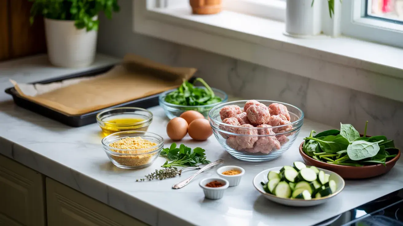 An organized kitchen countertop with ingredients for turkey meatballs