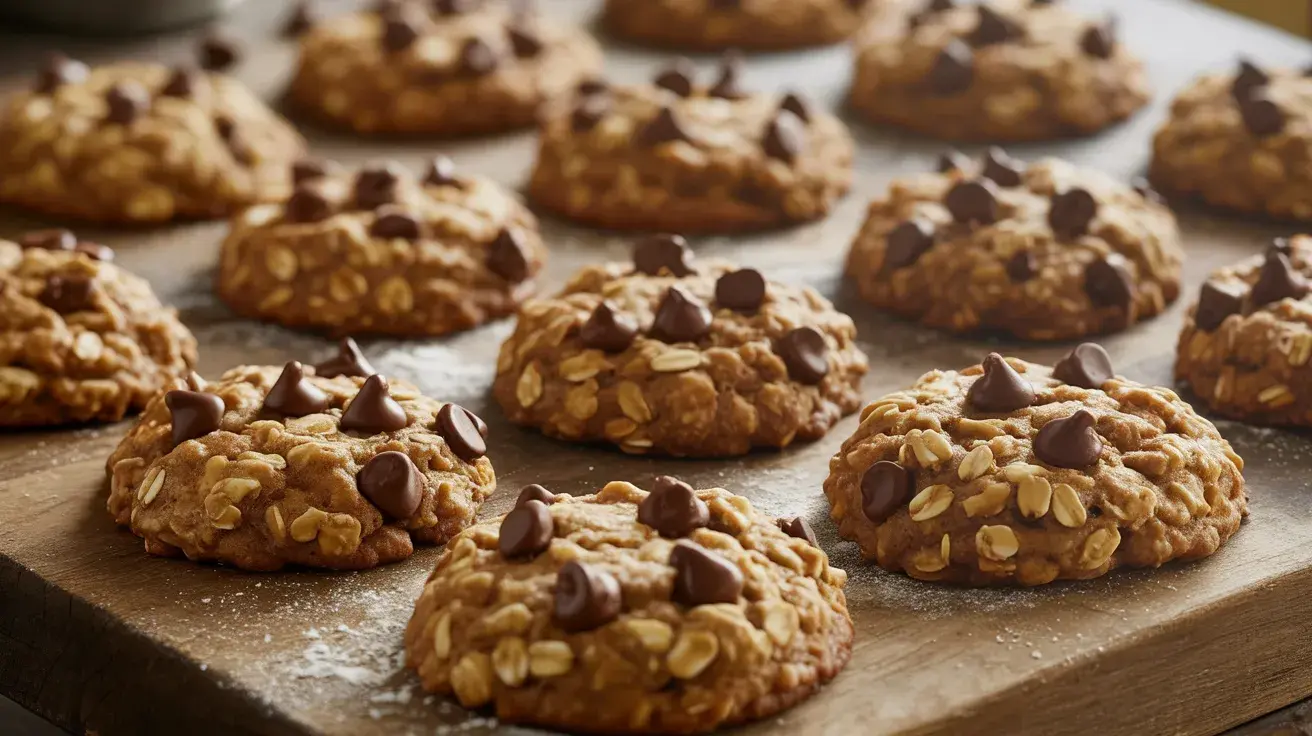 Batch of freshly baked oatmeal cookies with chocolate chips
