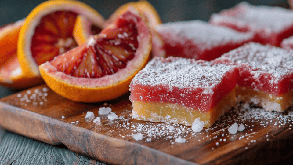 Blood orange lemon bars with a pink-red hue, dusted with powdered sugar, garnished with blood orange slices.
