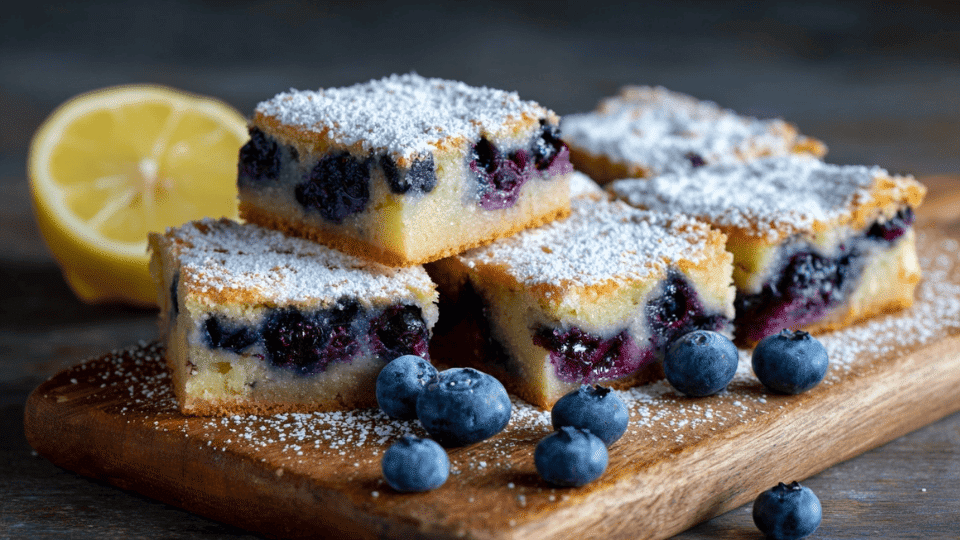 Blueberry lemon bars with golden crust, pockets of blueberries in the filling, dusted with powdered sugar