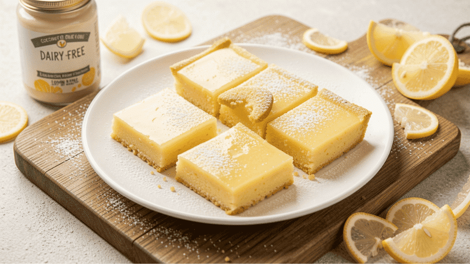 Dairy-free gluten-free lemon bars with a golden crust, creamy filling, powdered sugar, and fresh lemon slices.