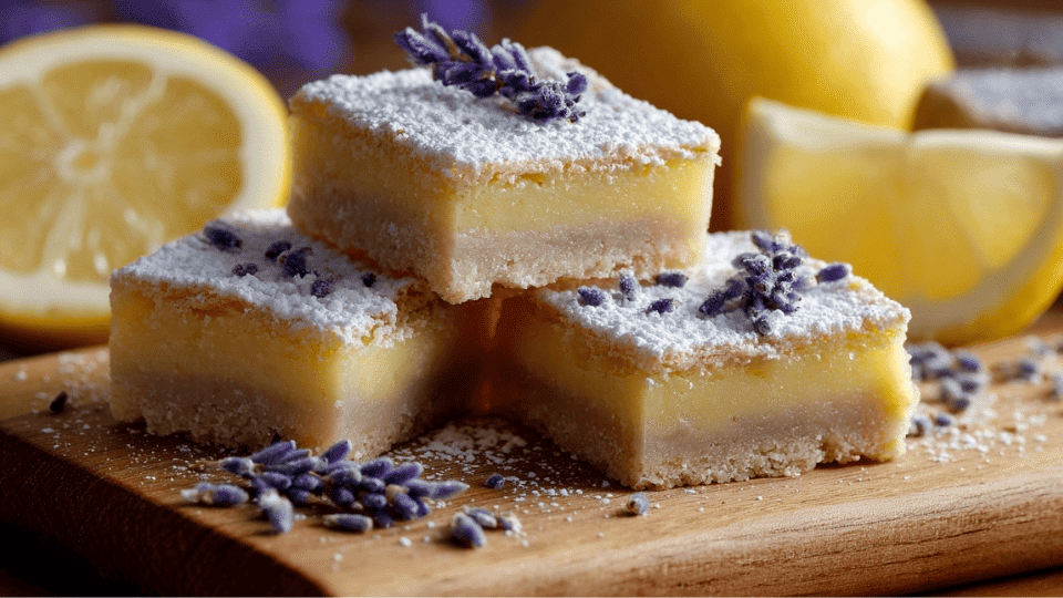 Delicate lavender lemon bars with smooth filling, golden crust, and a light sprinkle of lavender buds and lemon slices.