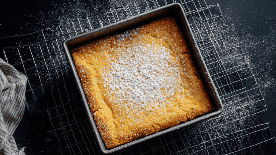 Freshly baked gluten-free lemon bars in an 8x8 pan, cooling on a wire rack with lemon slices and powdered sugar.