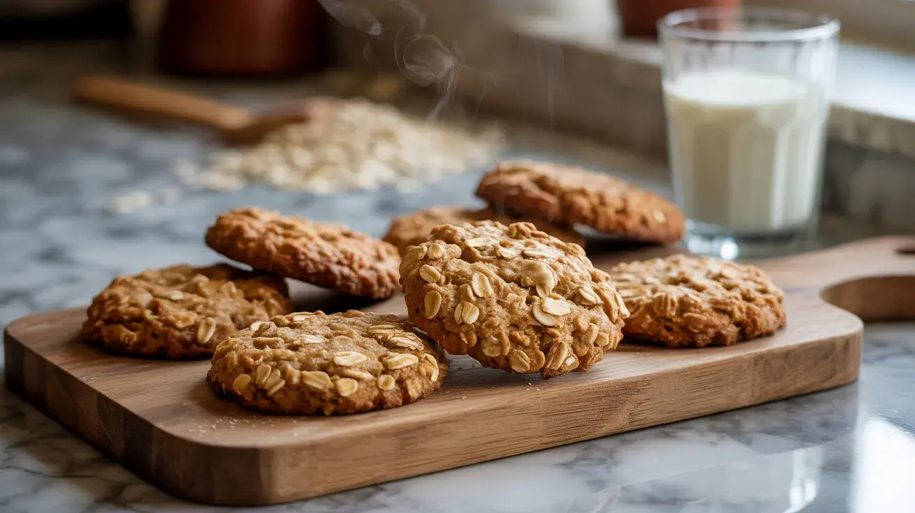 Freshly baked gluten-free vegan oatmeal cookies on a wooden board