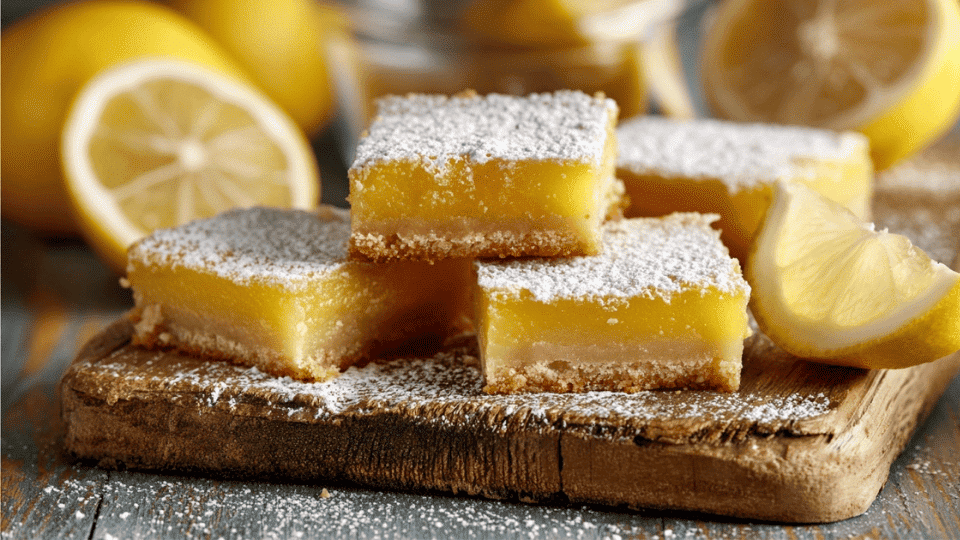 Gluten-free lemon bars with a buttery crust, tangy lemon filling, and powdered sugar, surrounded by fresh lemons.