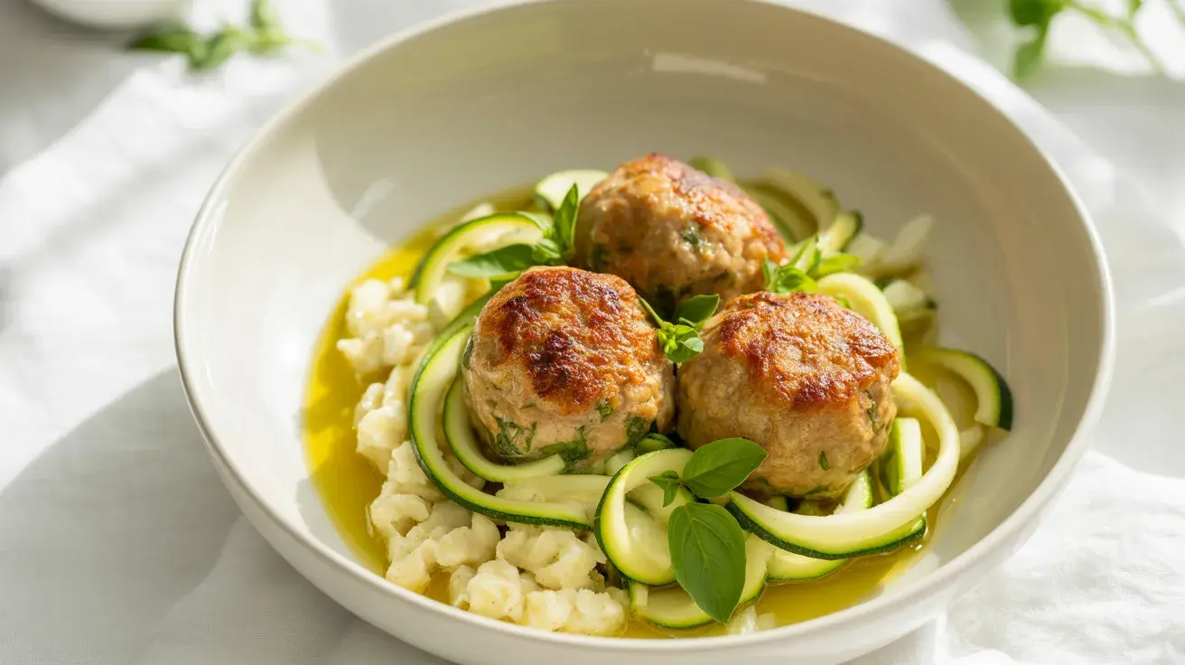 Golden turkey meatballs over zucchini noodles and cauliflower rice