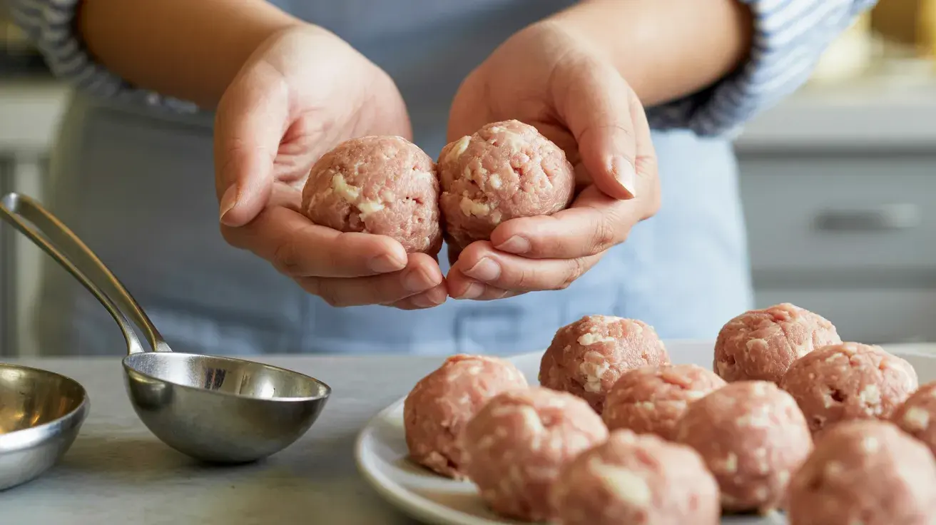 Hands holding two turkey meatballs, with more formed meatballs placed on a plate