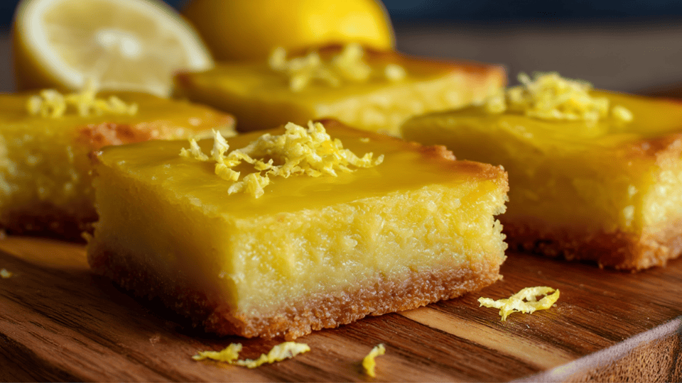 Low-sugar gluten-free lemon bars with bright filling, crisp crust, dusted with powdered sugar, and lemon zest.