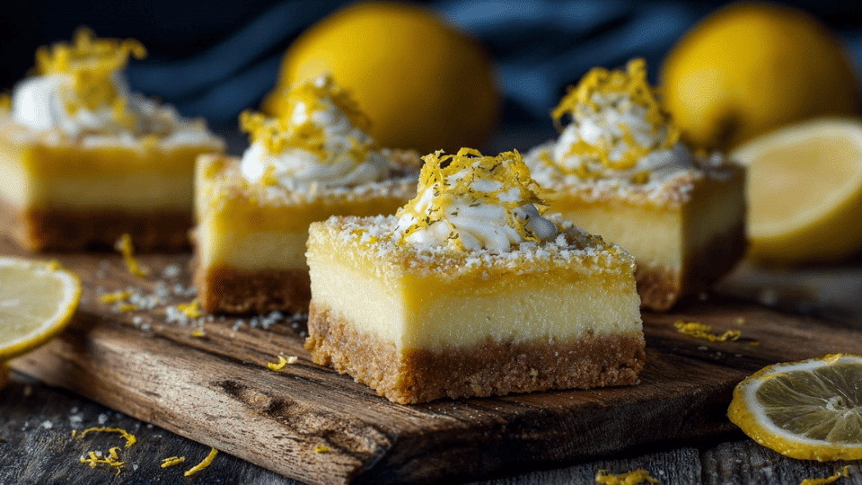 Meyer lemon bars with a creamy filling, golden crust, topped with Meyer lemon zest and slices on a wooden board