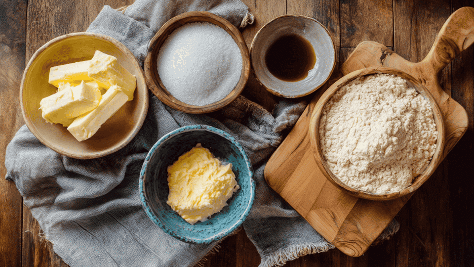 Mixing gluten-free flour, sugar, and butter to make a dough for the shortbread crust on a rustic wooden surface.