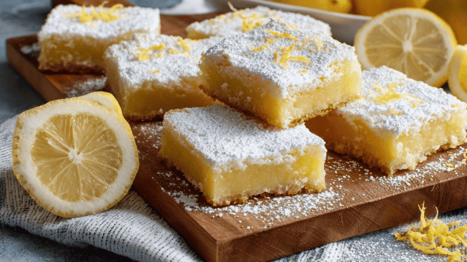 Perfectly sliced gluten-free lemon bars dusted with powdered sugar, garnished with lemon zest and slices.