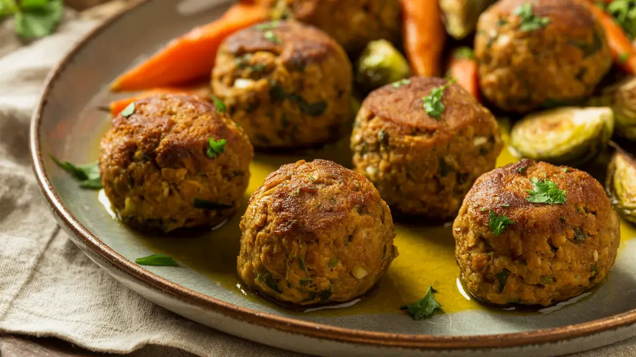 Plate of turkey meatballs served with roasted carrots and Brussels sprouts