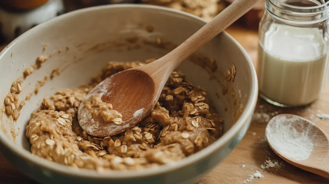Spoon stirring oatmeal cookie dough in a mixing bowl, with rolled oats